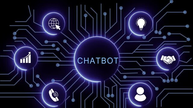 CHATBOT concept with circuit lines and digital symbols hovering above a businessman, technology. manufacturing process management all connected in a digital circle like pattern.