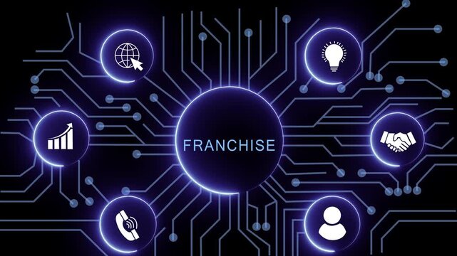 franchise concept with circuit lines and digital symbols hovering above a businessman, technology. manufacturing process management all connected in a digital circle like pattern.