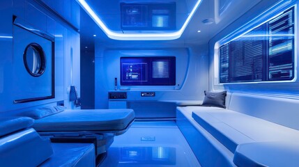 Fototapeta premium A sleek, blue futuristic high-tech laboratory or control room with advanced technology, glowing digital displays, and a modern, sci-fi-inspired interior design.