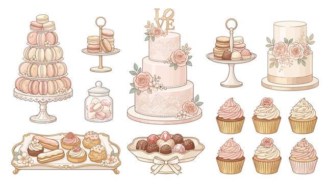 Wedding cakes, macarons, cupcakes, eclairs and chocolates on stands