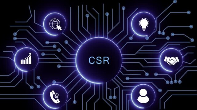 CSR concept with circuit lines and digital symbols hovering above a businessman, technology. manufacturing process management all connected in a digital circle like pattern.