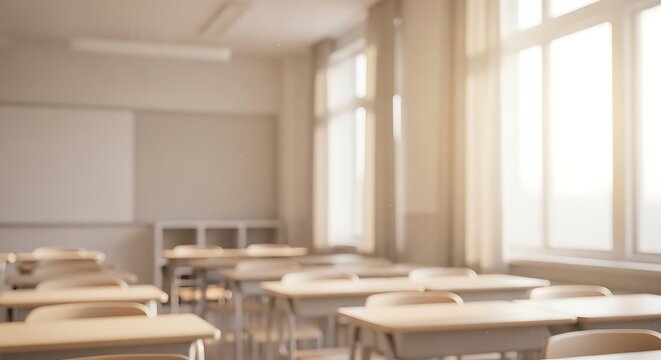An empty classroom bathed in warm sunlight streaming through large windows, with rows of desks and a whiteboard visible.