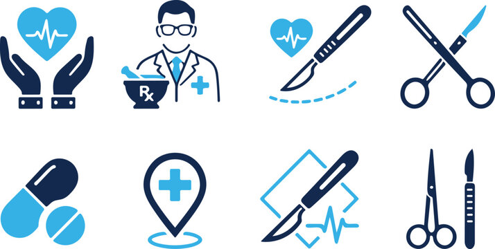 Premium Healthcare Medical Surgery Icons Set with Doctor Pharmacy Hospital and Surgical Tools