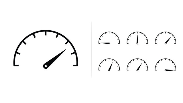 Speedometer vector line icons set with dashboard gauge dial indicator showing different speed levels isolated on a white background.