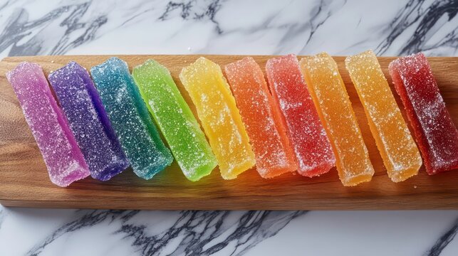 A vibrant assortment of sour gummy belts in rainbow colors, neatly arranged on a wooden board, each piece glistening with a sparkling sugar coating, offering a colorful and tantalizing treat.