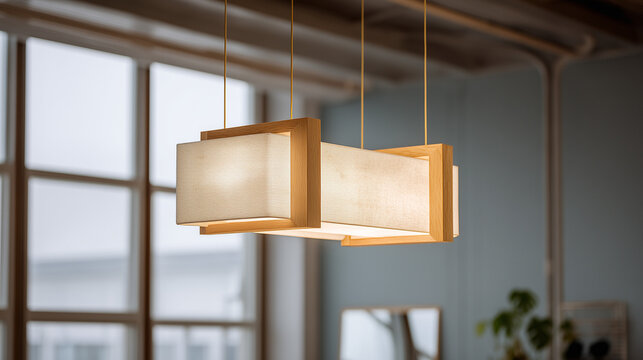 Modern rectangular pendant light fixture with wooden frame and textured diffuser in a room setting