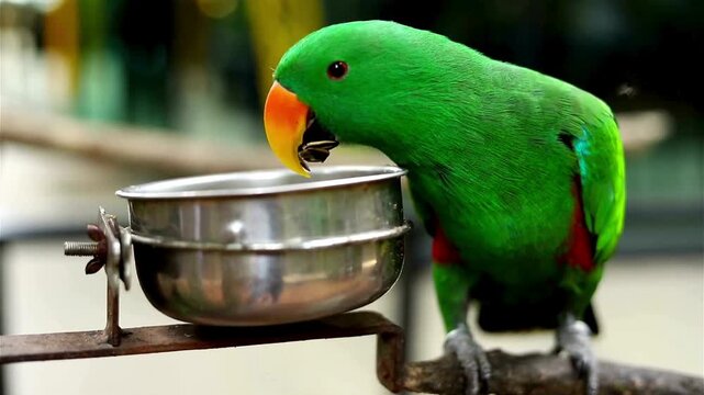 Bright green parrot eating from metal food dish outdoors