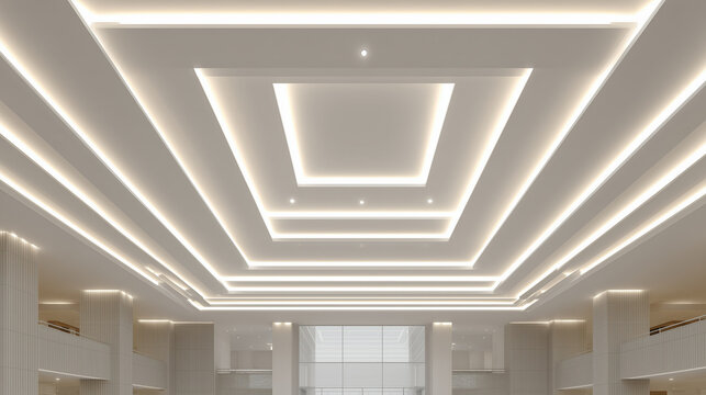 Illuminated ceiling with recessed lighting and geometric designs in a modern interior space view