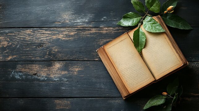 Open antique book on dark wood, adorned with green leaves