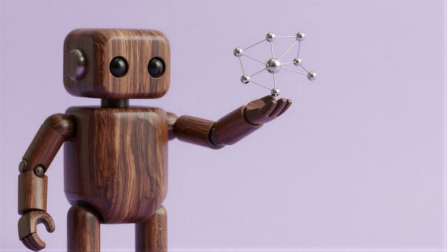 Wooden robot holds glowing molecular structure, symbolizing science and innovation.