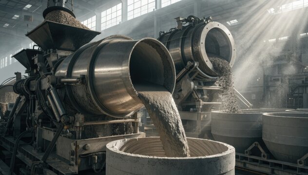 Medium shot of a hightech concrete pipe production line blending lowclinker cement with supplementary materials showcasing industrial machinery and ecofriendly manufacturing