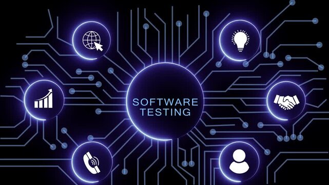 software testing concept with circuit lines and digital symbols hovering above a businessman, technology. manufacturing process management all connected in a digital circle like pattern.