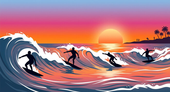 Surfing, sunset, beach, vector, illustration, surfers, waves, ocean, tropical, palm trees
