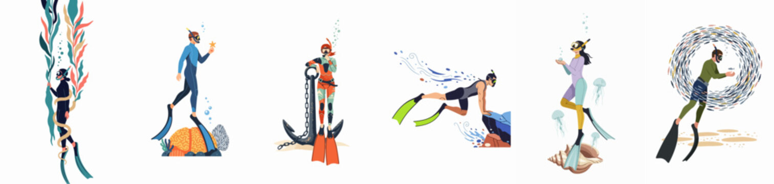 Set of flat vector illustrations depicting male and female divers exploring the diverse underwater world with coral reefs, marine animals, and sea plants.