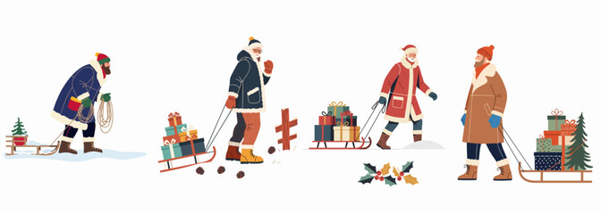 Collection of bearded men in warm winter coats pulling wooden sleds full of colorful Christmas gift boxes, flat vector illustration on white background.