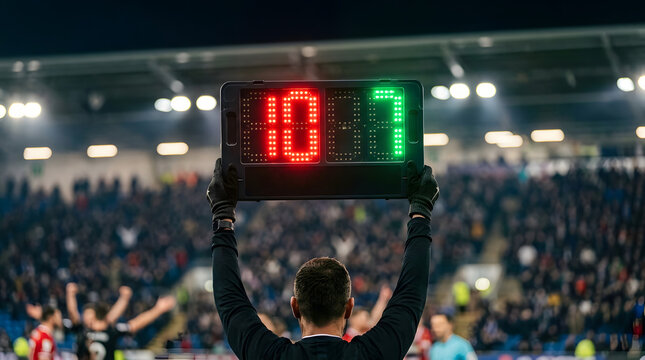a fourth official holding an electronic substitution board  at a football stadium
