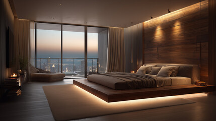 Fototapeta premium Modern Cozy Bedroom Interior with Stylish Bed, Elegant Decor, and Soft Lighting