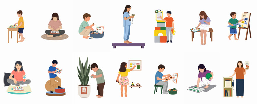 Illustration set of children engaging in various educational activities, learning with technology, and using communication tools for developmental growth.