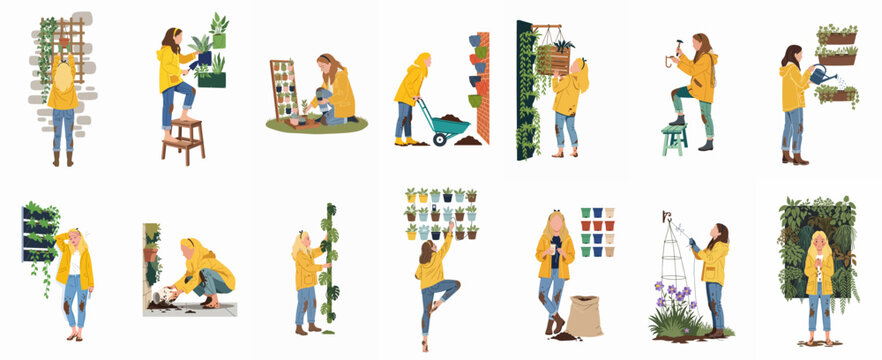 Collection of women in yellow jackets engaged in various gardening and plant care activities, featuring vertical gardens and potted plants in flat illustration style.