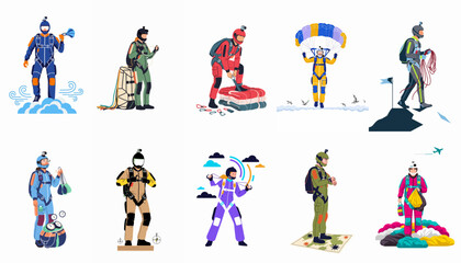 Vector collection of diverse skydivers and base jumpers in various stages of extreme sport including preparation, flight, and landing with parachutes. © Johnwilliam