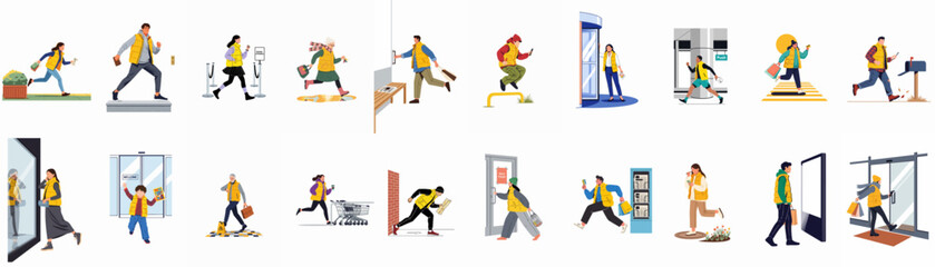 Large collection of flat vector illustrations featuring diverse people wearing yellow puffer vests, engaged in various daily activities, shopping, and commuting. © michaelthomas