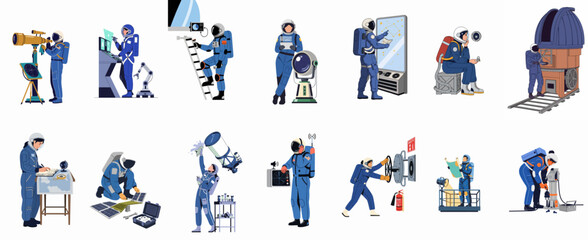 Fototapeta premium Set of diverse astronauts performing various scientific, maintenance, and exploration tasks in a flat vector style for space-themed projects.