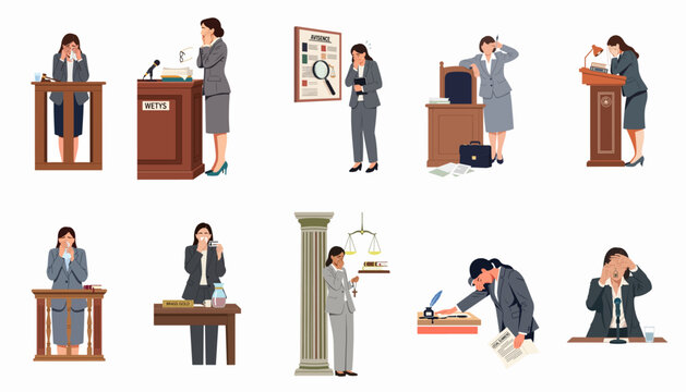 Set of flat vector illustrations depicting a female lawyer in various emotional and professional courtroom situations, showcasing stress and legal work.