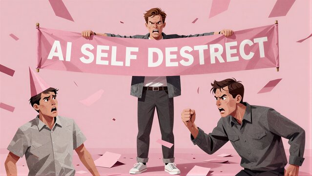 Man holds "AI SELF DESTRUCT" banner as others react in panic amidst pink confetti.
