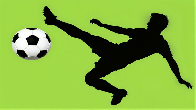 Silhouette of a soccer player kicking ball against vibrant green background.