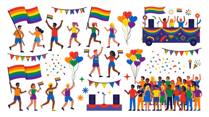 Fototapeta premium Diverse People in Summer Pride Festival Vector Asset Sheet with Rainbow Flags, Parade and Confetti in Clean Flat Design for Inclusion and Celebration Concepts