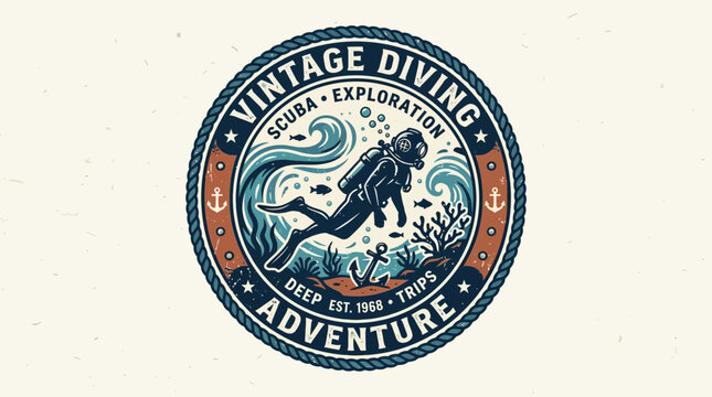A scuba diver explores ocean waves with vintage diving gear and adventure logo