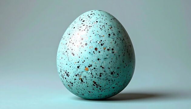 Single speckled blue bird egg standing upright on a neutral studio background.
