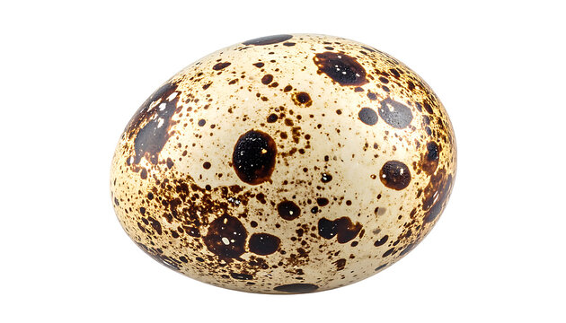 Single speckled quail egg isolated on white background macro shot.