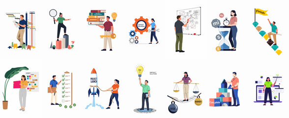 Fototapeta premium Comprehensive collection of business characters illustrating project management, workflow optimization, strategic planning, teamwork, and successful goal achievement in a modern flat design style.