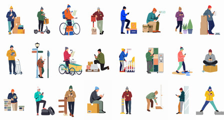 Fototapeta premium Vector illustration collection of male delivery workers and couriers using smartphones to manage packages, transport, and logistics in various outdoor scenes.