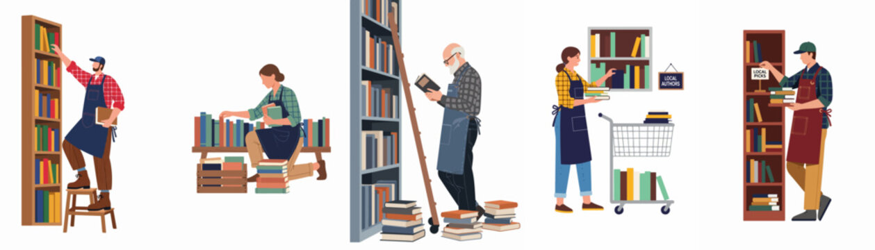 Flat illustration set of bookstore employees and librarians organizing books on shelves, restocking, and managing a bookstore or library inventory.