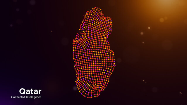 Qatar connected intelligence concept featuring a digital node network map and modern typography on a vibrant purple orange technology background with glowing bokeh lights.