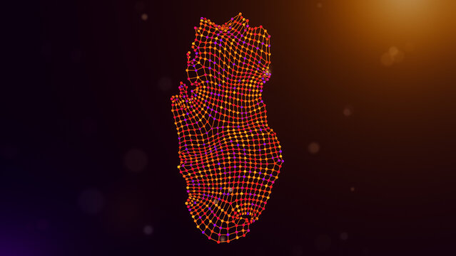 Abstract Qatar map formed by wavy interconnected nodes and network lines over a glowing purple orange bokeh background, symbolizing digital infrastructure and intelligent connectivity.