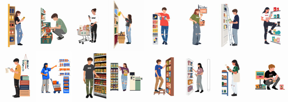 Diverse collection of flat illustrations featuring young adults shopping and restocking shelves in a modern supermarket or grocery store environment.