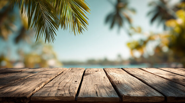 Wooden table top in front of beach and sea background suitable for product advertising.