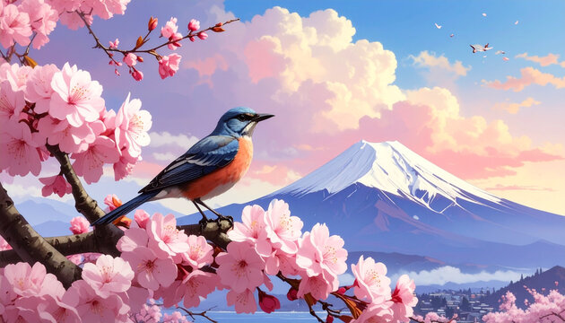 Blue Bird on Cherry Blossom with Mount Fuji Background