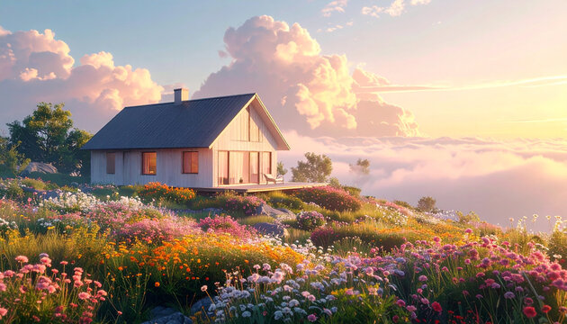 Cozy cottage in a dreamy flower field above the clouds at sunset