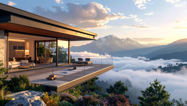 Modern Luxury Villa Terrace Overlooking Mountain and Clouds at Sunset