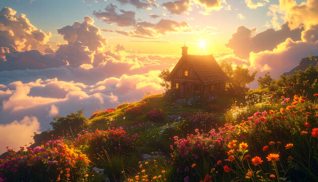 Dreamy cottage in flower meadow above golden clouds at sunset