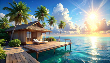 Fototapeta premium Luxury overwater bungalow with palm trees at sunny tropical resort