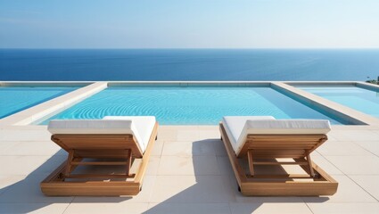 Fototapeta premium Two empty wooden lounge chairs with white cushions beside an infinity swimming pool overlooking the ocean