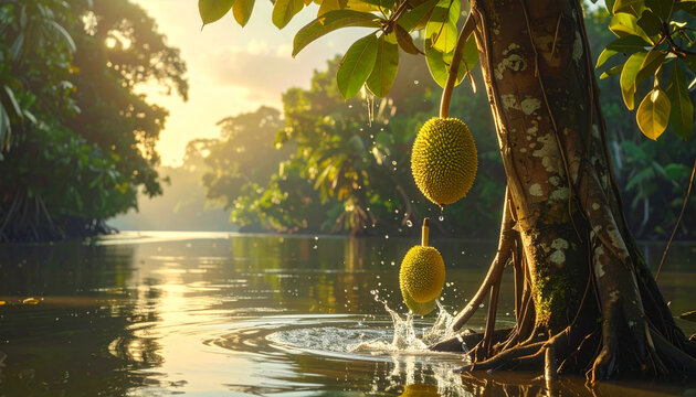 Tropical fruit splashing into jungle river at golden hour