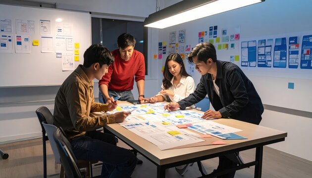 Diverse team collaborates on UX design prototypes in modern office space