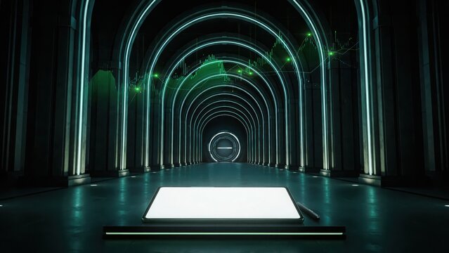 Modern laptop computer sitting in a dark futuristic tunnel with glowing neon arches