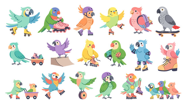 Cute cartoon parrots roller skating and skateboarding vector illustration set